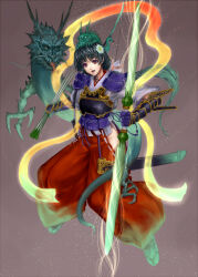 Rule 34 | 1girl, armor, arrow (projectile), black hair, bow (weapon), commentary request, dragon, eastern dragon, flower, full body, gauntlets, gloves, hair flower, hair ornament, hakama, highres, hip vent, holding, holding weapon, japanese clothes, looking at viewer, open mouth, original, pandaraion (kanikani2950), red eyes, red hakama, ribbon, sandals, short hair, shoulder armor, weapon