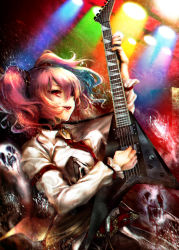 Rule 34 | 1girl, armband, bad id, bad pixiv id, belt, black pants, blood, bloody tears, breasts, choker, cleavage, clenched teeth, collared shirt, commentary request, electric guitar, guitar, hair ornament, hair over one eye, highres, instrument, inuboe, jackson guitars, jackson rhoads, lips, long sleeves, medium breasts, necktie, onozuka komachi, open clothes, open shirt, pants, pink hair, rain, red eyes, shirt, skull, solo, spirit, stage lights, teeth, tongue, touhou, twintails, two side up