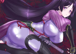Rule 34 | 1girl, absurdres, arm guards, black gloves, bodysuit, breasts, covered erect nipples, curvy, fate/grand order, fate (series), fingerless gloves, gloves, highres, katana, large breasts, long hair, looking at viewer, low-tied long hair, minamoto no raikou (fate), parted bangs, purple bodysuit, purple eyes, purple hair, ral (ralf), ribbed sleeves, rope, skin tight, solo, sword, very long hair, weapon
