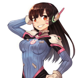 Rule 34 | 1girl, :d, arm behind head, blue bodysuit, bodysuit, breasts, brown hair, d.va (overwatch), facial mark, gloves, hand on own hip, hand up, headphones, highres, long hair, looking at viewer, medium breasts, open mouth, overwatch, overwatch 1, red eyes, simple background, smile, solo, sookmo, standing, upper body, white background, white gloves
