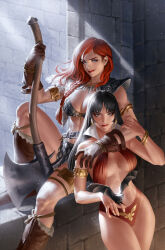 Rule 34 | 2girls, arm over shoulder, armor, axe, bat (animal), bikini armor, black hair, breasts, brown footwear, brown gloves, clothing cutout, collar, crossover, earrings, gloves, gold bracelet, grey eyes, highres, holding, holding axe, jewelry, large breasts, long hair, looking at viewer, multiple girls, navel, navel cutout, one-piece swimsuit, pauldrons, red hair, red one-piece swimsuit, red sonja, red sonja (comics), shoulder armor, single pauldron, sitting, standing, swimsuit, vampirella, vampirella (character), white collar, yoon junggeun