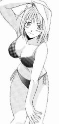 Rule 34 | 00s, 1girl, arcueid brunestud, bikini, blush, breasts, cleavage, greyscale, large breasts, monochrome, short hair, simple background, solo, swimsuit, tsukihime, white background