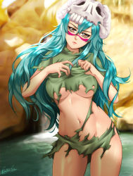 Rule 34 | 1girl, bleach, breasts, esther shen, facial mark, green hair, large breasts, long hair, looking at viewer, navel, nelliel tu odelschwanck, shirt, short sleeves, signature, skull on head, solo, standing, torn clothes, torn shirt, underboob, water, yellow eyes