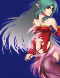 Rule 34 | 1990s (style), 1girl, female focus, final fantasy, final fantasy vi, green hair, pointy ears, red eyes, retro artstyle, simple background, solo, thighhighs, tina branford, torn clothes, trance terra branford, transformation