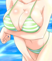 Rule 34 | 1girl, bikini, breast hold, breasts, head out of frame, large breasts, sideboob, skindentation, solo, strap gap, striped bikini, striped clothes, sumeshi, swimsuit
