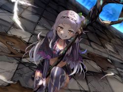 Rule 34 | 1girl, capelet, crop top, feathers, funi mu9, gloves, grey hair, grin, hair bun, hairband, highres, holding, holding staff, hololive, kneeling, long hair, looking at viewer, midriff, miniskirt, murasaki shion, murasaki shion (1st costume), shirt, skirt, smile, smug, solo, staff, striped clothes, striped shirt, striped thighhighs, thighhighs, vertical-striped clothes, vertical-striped thighhighs, virtual youtuber, yellow eyes, zettai ryouiki
