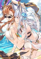 Rule 34 | 10s, 2girls, :d, animal ears, arm up, ass, back, bare arms, bare shoulders, beach, bikini, blue eyes, blush, bracelet, breasts, brown hair, butt crack, cleavage, cloud, couple, day, eye contact, feather hair ornament, feathers, flower, granblue fantasy, hair flower, hair ornament, hairband, happy, hug, hug from behind, jewelry, kneeling, korwa, korwa (summer) (granblue fantasy), large breasts, long hair, looking at another, looking back, medium breasts, midriff, multiple girls, open mouth, outdoors, round teeth, silver hair, sky, smile, sunglasses, super zombie, swimsuit, teeth, thigh strap, thighlet, tweyen (eternal&#039;s summer vacation) (granblue fantasy), tweyen (granblue fantasy), water, white bikini, yellow eyes, yuri