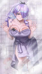 Rule 34 | 2girls, against glass, breast press, breasts, breasts on glass, burnt green tea, camilla (fire emblem), camilla (hostile springs) (fire emblem), cleavage, collar, exhausted, fire emblem, fire emblem fates, fire emblem heroes, hair over one eye, hand on glass, heart, highres, hinoka (fire emblem), large breasts, leaning forward, long hair, looking at viewer, multiple girls, naked towel, nintendo, official alternate costume, official alternate hairstyle, ponytail, purple eyes, purple hair, red hair, short hair, smile, solo focus, towel