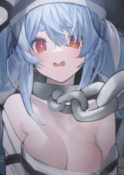 Rule 34 | 1girl, absurdres, alternate breast size, bare shoulders, betabeet, blue hair, blush, braid, breasts, chain, cleavage, collar, commentary request, crying, crying with eyes open, highres, hololive, long hair, medium breasts, multicolored hair, off shoulder, open mouth, prison clothes, rabbit-shaped pupils, red eyes, solo, striped clothes, striped headwear, symbol-shaped pupils, tears, twin braids, two-tone hair, upper body, usada pekora, usada pekora (prisoner), virtual youtuber, white hair