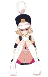 Rule 34 | 1girl, alternate color, band uniform, blonde hair, bloomers, bloomers pull, blue eyes, boots, buruma, buruma pull, clothes pull, flipped hair, full body, hat, highres, knee boots, knees together feet apart, kokudou juunigou, official art, open mouth, panties, panties under bloomers, pantyshot, shako cap, short hair, simple background, sitting, solo, underwear, wanda (wonder festival), white background, white footwear, white panties, wonder festival, wonder festival mascots