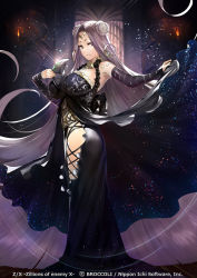 Rule 34 | 1girl, absurdly long hair, armpits, ass, babydoll, bare shoulders, candle, cross-laced clothes, detached sleeves, double bun, dress, earrings, frills, from side, glint, grey eyes, grey hair, hip vent, jewelry, long hair, looking at viewer, official art, original, outstretched arm, side slit, silver (atelier-tengu), skirt hold, solo, sparkle, standing, star (symbol), very long hair, z/x