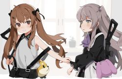 Rule 34 | 2girls, aged down, animal bag, ascot, bag, black dress, black ribbon, black shirt, black skirt, black straps, blouse, brown eyes, brown hair, buttons, clothes grab, commentary request, dress, frilled neckwear, frilled sleeves, frills, girls&#039; frontline, grey hair, gun, h&amp;k ump, h&amp;k ump, h&amp;k ump, hair between eyes, hair ornament, hair ribbon, hairclip, heckler &amp; koch, highres, holding, holding strap, long hair, long sleeves, looking at another, looking at viewer, multiple girls, necktie, official alternate costume, open mouth, over shoulder, parted lips, partial commentary, pinching sleeves, pink bag, plant, pocket, potted plant, purple ascot, ribbon, scar, scar across eye, scar on face, shirt, shoulder bag, siblings, side ponytail, sisters, skirt, sleeve grab, sleeve pull, sleeveless, sleeveless shirt, smile, strap, stuffed animal, stuffed dog, stuffed toy, submachine gun, tagme, teeth, twins, twintails, two-tone dress, ump45 (agent lop rabbit) (girls&#039; frontline), ump45 (girls&#039; frontline), ump9 (girls&#039; frontline), ump9 (shiba investigator) (girls&#039; frontline), weapon, weapon on back, white dress, white shirt, window, yellow eyes, yuki hotaru