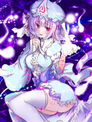 Rule 34 | 1girl, breasts, cherry blossoms, female focus, hat, hitodama, japanese clothes, nagii yuki, open mouth, petals, pink hair, red eyes, saigyouji yuyuko, sash, short hair, smile, solo, soulhunter en, thighhighs, touhou, triangular headpiece, white thighhighs, wide sleeves