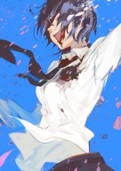 Rule 34 | 1girl, absurdres, black hair, black necktie, blood, blood from mouth, blood on clothes, blood on face, blue background, chainsaw man, collared shirt, eyepatch, fading, floating clothes, floating neckwear, highres, himeno (chainsaw man), looking to the side, mossan351, necktie, open mouth, shirt, short hair, simple background, smile, solo, white shirt