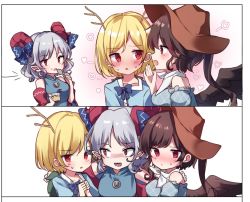 Rule 34 | 3girls, antlers, arms up, bad id, bad twitter id, bare shoulders, blonde hair, blue bow, blue dress, blue ribbon, blue shirt, blush, bow, box, breasts, brown hair, brown headwear, closed mouth, collarbone, commentary request, cowboy hat, detached sleeves, dress, earrings, eating, food, food on face, gradient background, grey hair, hand on another&#039;s shoulder, hands up, hat, heart, horns, jewelry, kicchou yachie, kurokoma saki, long hair, long sleeves, looking at another, looking away, looking to the side, medium breasts, moshihimechan, multiple girls, off-shoulder dress, off shoulder, open mouth, pink background, plaid, plaid dress, pointy ears, ponytail, pudding, puffy short sleeves, puffy sleeves, red eyes, ribbon, scarf, sharp teeth, shirt, short hair, short sleeves, simple background, smile, spoon, standing, sweat, sweatdrop, teeth, touhou, toutetsu yuuma, turtle shell, upper body, white background, white scarf, wide sleeves, wings, yuri