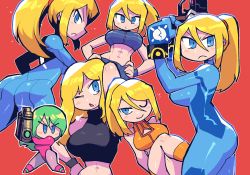 Rule 34 | 1girl, :&lt;, abs, arm cannon, ass, blonde hair, blue eyes, bodysuit, breasts, crop top, green hair, gun, handgun, highres, jaggy lines, justin bailey, leotard, looking at viewer, metroid, metroid: zero mission, metroid (classic), metroid fusion, mole, mole under mouth, multiple persona, navel, nintendo, o3o, ponytail, rariatto (ganguri), red background, samus aran, serious, simple background, smile, stomach, super metroid, toned, weapon, zero suit