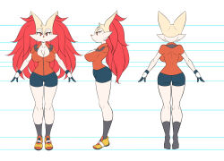 Rule 34 | 1girl, animal ears, ass, bike shorts, black socks, braixen, braxy (lucyfer), breasts, character sheet, cleavage, cosplay, creatures (company), curvy, fox ears, fox girl, full body, furry, furry female, game freak, gen 6 pokemon, gloves, highres, huge ass, large breasts, looking at viewer, lucyfer, may (pokemon) (cosplay), multiple views, nintendo, no humans, pokemon, pokemon (creature), red eyes, shoes, short shorts, short sleeves, shorts, sneakers, socks, standing, wide hips