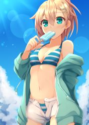 Rule 34 | 1girl, absurdres, bikini, blonde hair, blue bikini, blue eyes, blue jacket, blue sky, breasts, cleavage, cloud, commentary request, cowboy shot, day, food, highres, hood, hooded jacket, hoodie, jacket, kuzukiri (riezenagel), lens flare, looking at viewer, open clothes, open fly, open jacket, original, outdoors, popsicle, short hair, short shorts, shorts, sky, solo, striped bikini, striped clothes, swimsuit, unbuttoned, unzipped, white shorts