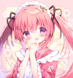 Rule 34 | 1girl, :d, absurdres, apron, black ribbon, blush, commentary request, copyright name, floral background, floral print, frilled sleeves, frills, hair between eyes, hair ribbon, hands up, haru ichigo, highres, japanese clothes, kimono, koi ni kanmi o soete, long hair, looking at viewer, maid, maid apron, maid headdress, niwasaka rira, open mouth, pink hair, pink kimono, print kimono, purple eyes, ribbon, romaji text, signature, smile, solo, twintails, very long hair, wa maid, white apron