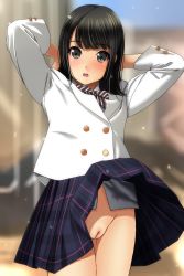 Rule 34 | 1girl, absurdres, arms behind head, arms up, black eyes, black hair, black legwear, blush, cleft of venus, clitoris, clothes lift, highres, looking at viewer, matsunaga kouyou, no panties, nude filter, open mouth, original, pleated skirt, pussy, school uniform, skirt, skirt lift, solo, standing, tareme, third-party edit, uncensored, wind, wind lift