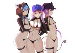 Rule 34 | 3girls, :o, angelchama, baseball cap, bikini, blue eyes, blue hair, braid, breast press, breasts, choker, closed mouth, cropped jacket, demon tail, female focus, flat chest, green eyes, hat, highres, hololive, hood, hood up, hooded jacket, hoshimachi suisei, jacket, large breasts, long hair, looking at viewer, minato aqua, multiple girls, navel, open mouth, pink eyes, pink hair, purple eyes, purple hair, simple background, small breasts, smile, standing, startend (hololive), stomach, swimsuit, tail, thigh strap, tokoyami towa, twin braids, twintails, virtual youtuber
