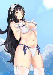 Rule 34 | 1girl, absurdres, bikini, black hair, blue sky, blunt bangs, bow, bow bikini, breast hold, breasts, cleavage, closed mouth, flower, from below, from side, front-tie bikini top, front-tie top, girls&#039; frontline, hair flower, hair ornament, hairband, highres, hsubo, lace, lace-trimmed bikini, lace trim, long hair, looking at viewer, medium breasts, multi-strapped bikini, navel, parted bangs, see-through, side-tie bikini bottom, simple background, sky, smile, solo, standing, stomach, swimsuit, thighhighs, thighs, type 95 (girls&#039; frontline), type 95 (summer cicada) (girls&#039; frontline), very long hair, wavy hair, white bikini, white thighhighs, yellow eyes