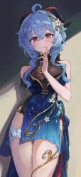 Rule 34 | 1girl, absurdres, ahoge, bare shoulders, bell, black dress, blue dress, blue hair, breasts, dress, ganyu (genshin impact), ganyu (twilight blossom) (genshin impact), genshin impact, gold trim, gradient dress, hair ornament, highres, horns, long hair, looking at viewer, medium breasts, neck bell, official alternate costume, official alternate hairstyle, purple eyes, ringofuze, solo, standing, thighs, vision (genshin impact)