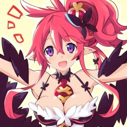 Rule 34 | 1girl, :d, between breasts, breasts, cleavage, close-up, crown, disgaea, feather boa, iwashi dorobou -r-, large breasts, looking at viewer, makai senki disgaea 5, mini crown, necktie, necktie between breasts, open mouth, outstretched arms, pink hair, pointy ears, ponytail, purple eyes, red necktie, seraphina (disgaea), shiny skin, short hair, sidelocks, smile, solo, spread arms, yellow background