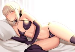 Rule 34 | 1girl, absurdres, artoria pendragon (all), artoria pendragon (fate), bare shoulders, black bra, black gloves, black panties, black thighhighs, blonde hair, blush, bra, braid, breasts, collarbone, elbow gloves, fate/stay night, fate (series), french braid, gloves, hair ribbon, highres, huusri, long hair, looking at viewer, lying, navel, on side, panties, ribbon, saber alter, small breasts, solo, thighhighs, thighs, underwear, yellow eyes