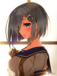 Rule 34 | 10s, 1girl, arm at side, blue eyes, blush, breasts, collarbone, eyes visible through hair, from side, gloves, hair ornament, hair over one eye, hairclip, hamakaze (kancolle), kantai collection, looking at viewer, neckerchief, parted lips, school uniform, see-through, serafuku, short hair, silhouette, silver hair, solo, sunlight, tmsksa, upper body, white gloves, window