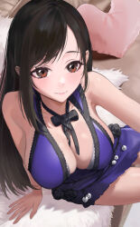 Rule 34 | 1girl, bare shoulders, black bow, black bowtie, black hair, bow, bowtie, breasts, cleavage, closed mouth, commentary, dress, final fantasy, final fantasy vii, final fantasy vii remake, from above, heart, heart-shaped pillow, highres, large breasts, leaning to the side, long hair, looking at viewer, peach luo, pillow, purple dress, red eyes, short dress, sitting, sleeveless, sleeveless dress, smile, solo, swept bangs, symbol-only commentary, tifa lockhart, tifa lockhart (refined dress)