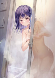 Rule 34 | 1girl, bath, bathtub, blush, breasts, closed mouth, commentary request, hands up, highres, indoors, looking at viewer, medium breasts, navel, nude, original, purple hair, red eyes, smile, solo, sousouman, steam, water