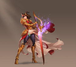 Rule 34 | 1girl, absurdres, armor, armored boots, artist request, black legwear, blue eyes, boots, brown hair, cape, coat, dragon horns, dragon knight (dungeon and fighter), dungeon and fighter, fire, floating cape, full body, gauntlets, gold armor, greaves, high heels, highres, horns, huge weapon, knight (dungeon and fighter), looking to the side, multicolored hair, parted lips, pink hair, pointy ears, purple fire, red cape, red coat, short hair, shoulder armor, simple background, skirt, solo, sword, torn clothes, torn legwear, weapon