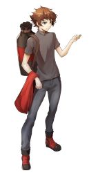 Rule 34 | 1boy, alternate hair length, alternate hairstyle, bag, boots, brown eyes, brown hair, closed mouth, full body, grey pants, grey shirt, highres, holding, male focus, multicolored hair, pants, red footwear, rourou ill, shirt, short sleeves, simple background, solo, standing, two-tone hair, white background, yu-gi-oh!, yu-gi-oh! gx, yuki judai