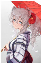 Rule 34 | 1girl, absurdres, alternate costume, animal ears, black nails, blue eyes, breasts, closed mouth, commentary request, fang, fingernails, flower, gradient background, grey background, grey hair, hair flower, hair ornament, highres, holding, holding umbrella, hololive, japanese clothes, kazuma muramasa, kimono, lion ears, lion girl, long hair, looking at viewer, medium breasts, nail polish, oil-paper umbrella, ponytail, red flower, shishiro botan, smile, solo, striped clothes, striped kimono, umbrella, upper body, virtual youtuber, white kimono