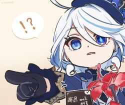 Rule 34 | !?, 1girl, ahoge, ascot, black ascot, black gloves, blue eyes, blue headwear, blue jacket, brooch, chibi, commentary request, dendrobium (genshin impact), flower, furina (genshin impact), genshin impact, gloves, highres, jacket, jewelry, long hair, long sleeves, looking at viewer, open mouth, pointing, red flower, solo, upper body, white hair, xinzoruo, yellow background