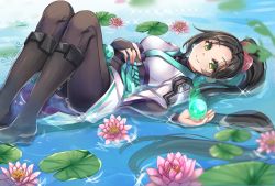 Rule 34 | 1girl, animification, black pants, chinese clothes, commission, flower, green eyes, hand on own stomach, high heels, highres, long hair, looking at viewer, lotus, lying, obi, open hand, orb, orendi laran, pants, parted bangs, partially submerged, pink flower, ponytail, sage (valorant), sash, smile, solo, valorant, water