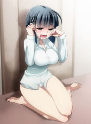 Rule 34 | 10s, 1girl, barefoot, black hair, breasts, crying, crying with eyes open, emappo, feet, hair ornament, hairclip, kirigaya suguha, large breasts, no pants, open mouth, panties, sword art online, tears, underwear
