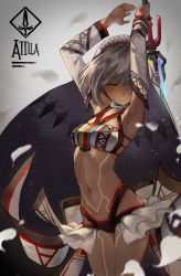 Rule 34 | 10s, 1girl, absurdres, altera (fate), arched back, armpits, arms up, bikini, blurry, breasts, character name, closed mouth, dark-skinned female, dark skin, depth of field, detached collar, detached sleeves, expressionless, fate/extella, fate/extra, fate (series), hair between eyes, half-closed eyes, highres, holding, holding sword, holding weapon, leg tattoo, legs together, looking down, miniskirt, navel, photon ray (fate), print sleeves, pubic tattoo, red eyes, short hair, showgirl skirt, silver hair, skirt, small breasts, solo, standing, stomach, stomach tattoo, swimsuit, sword, tattoo, veil, weapon, white bikini, wind, xiaobang
