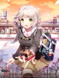 Rule 34 | 1girl, :o, bag, bandages, black thighhighs, blush, cake, cityscape, cloud, coat, dated, emori konoha, food, furyou michi ~gang road~, gilse, green eyes, hair ornament, hairclip, holding, incoming gift, open mouth, original, power lines, scarf, school bag, short hair, silver hair, skirt, sky, snow, snowing, solo, sunset, thighhighs, water, zettai ryouiki