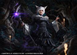 1girl animal_ears black_dress cat_ears claw_ring commentary dress english_commentary facial_mark feather_hair_ornament feathers final_fantasy final_fantasy_xiv fur_collar fur_trim gloves glowing_staff hair_ornament highres magali_villeneuve mage_staff magic:_the_gathering miqo&#039;te official_art partially_fingerless_gloves short_hair solo staff tree whisker_markings wide_sleeves y&#039;shtola_rhul