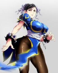 Rule 34 | 1girl, bad id, bad pixiv id, blue dress, bracelet, breasts, brown eyes, brown pantyhose, bun cover, capcom, china dress, chinese clothes, chun-li, double bun, dress, hair bun, highres, huge breasts, impossible clothes, impossible dress, jewelry, koda1ra, lips, looking at viewer, narrow waist, pantyhose, pelvic curtain, puffy short sleeves, puffy sleeves, pursed lips, sash, short hair, short sleeves, side slit, solo, spiked bracelet, spikes, standing, street fighter, thick thighs, thighs