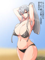 Rule 34 | 00s, 1girl, armpit hair, armpits, arms up, bikini, breasts, huge breasts, long hair, red eyes, selvaria bles, senjou no valkyria (series), senjou no valkyria 1, silver hair, solo, sun, sweat, swimsuit, translation request