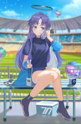 1girl absurdres black_shirt blue_archive blue_buruma blue_jacket bottle buruma drone gym_shirt gym_uniform halo highres id_card jacket jacket_partially_removed lanyard mechanical_halo official_alternate_costume pimmaj shirt solo star_sticker sticker_on_face track_jacket water_bottle yuuka_(blue_archive) yuuka_(track)_(blue_archive)