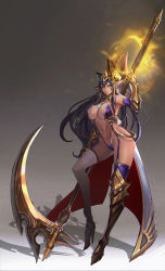 Rule 34 | &gt;:), 1girl, animal ears, armor, armored boots, armpits, asymmetrical legwear, bare shoulders, black hair, blue thighhighs, boots, breasts, cleavage, closed mouth, detached collar, earrings, egyptian, egyptian clothes, full body, garter straps, gauntlets, hair tubes, headgear, highleg, highres, holding, holding weapon, huge weapon, jewelry, large breasts, long hair, looking at viewer, mismatched legwear, navel, original, pendant, pointy ears, revealing clothes, scythe, sidelocks, single boot, smile, smjim1986, solo, standing, stomach, thigh boots, thighhighs, thighhighs under boots, tiara, v-shaped eyebrows, very long hair, waist cape, weapon, white thighhighs, yellow eyes