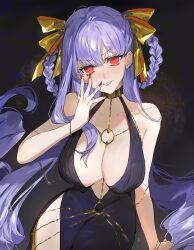 Rule 34 | 1girl, absurdres, bare shoulders, bb (fate), bb dubai (fate), belly chain, black dress, blush, bracelet, braid, braided hair rings, breasts, center opening, cleavage, collarbone, dress, fate/grand order, fate (series), grin, hair ribbon, hair rings, highres, jewelry, large breasts, long hair, looking at viewer, necklace, purple hair, red eyes, ribbon, side slit, smile, solo, twin braids, very long hair, yellow ribbon, yurumawari