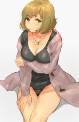 Rule 34 | 1girl, black legwear, breasts, brown hair, cleavage, collarbone, commentary, grabbing own arm, gradient background, green eyes, grey background, jewelry, looking at viewer, medium breasts, mole, mole under eye, mole under mouth, naso4, necklace, original, parted lips, pink background, short hair, solo, sweater, thighs, white background