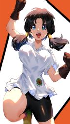 Rule 34 | 1girl, :d, bike shorts, black hair, blue eyes, breasts, commentary, dragon ball, dragonball z, english commentary, fingerless gloves, gloves, highres, knee up, looking at viewer, medium breasts, open mouth, shirt, simple background, sinkoart, smile, solo, twintails, videl, white shirt