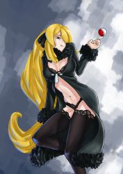 Rule 34 | 00s, 1girl, alternate costume, arantheus, black bra, black panties, blonde hair, bra, breasts, cleavage, coat, creatures (company), cynthia (pokemon), feather boa, feathers, game freak, grey eyes, hair ornament, hair over one eye, highres, lace, lace-trimmed bra, lace-trimmed legwear, lace-trimmed panties, lace trim, lingerie, long hair, midriff, navel, nintendo, panties, poke ball, pokemon, pokemon dppt, revision, solo, thighhighs, underwear, very long hair, yellow eyes, zipper