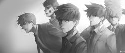 Rule 34 | 10s, 5boys, arm behind back, arms at sides, artist name, bad id, bad pixiv id, blunt bangs, blush stickers, bowl cut, brothers, cigarette, closed mouth, collared shirt, dress shirt, ekubo (mob psycho 100), formal, from side, grey theme, greyscale, hanazawa teruki, hand on own cheek, hand on own face, highres, jacket, kageyama ritsu, kageyama shigeo, leaning forward, long sleeves, looking at viewer, male focus, mob psycho 100, monochrome, mouth hold, multiple boys, necktie, parted lips, profile, reigen arataka, shirt, siblings, smile, suit, upper body, wig, yamatda